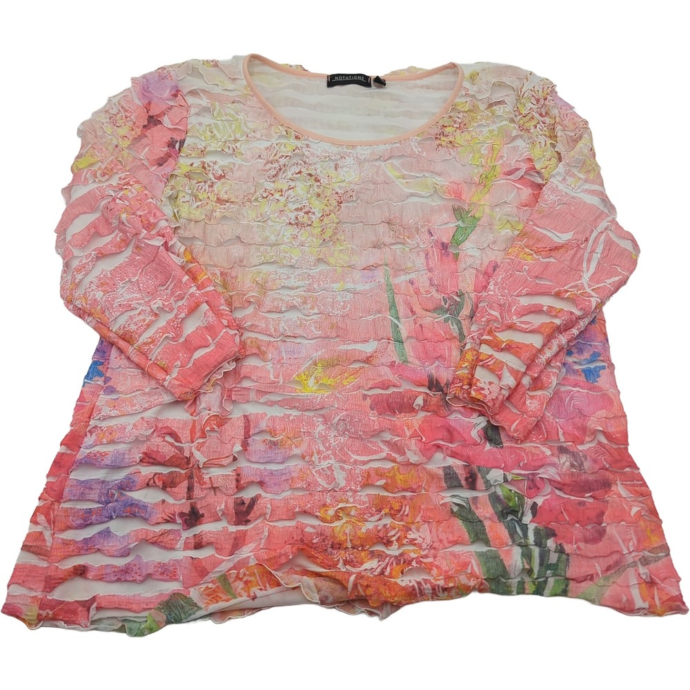 Notations Floral Ruffle Tiered Top Pink Sheer Stripe 3/4 Sleeve XL MNKU1139